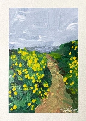 Original Painting Impressionist Pastoral Path Field Yellow Flowers Signed 5x7 - Image 1 of 3