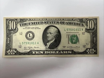 Series 1977 $10 Ten Dollar Bill Error Extreme Ink Smear Paper Money Error #1296 - Image 1 of 4
