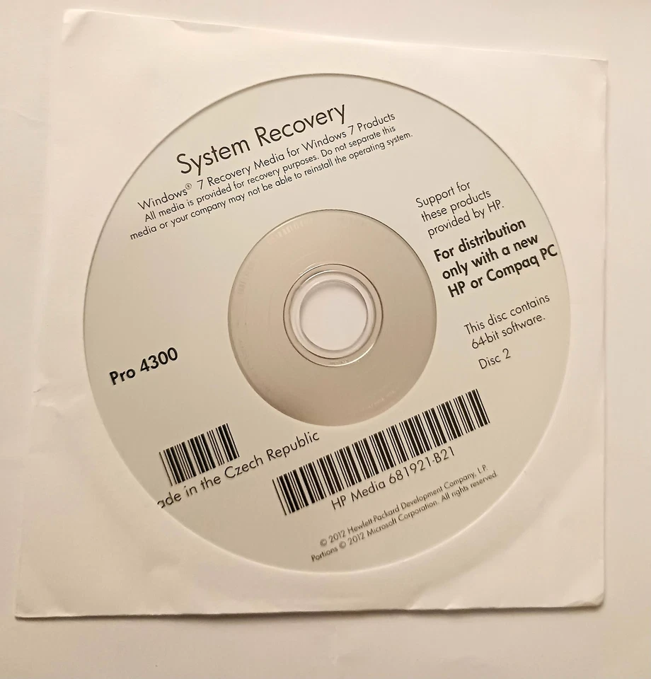 HP Pro 4300 Windows 7 64-bit Recovery Media Supplemental Disc 2 PN: 681921-B21 - Image 1 of 1