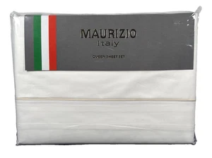 Maurizio Italy Queen Sheet Set White Cotton Taupe Stitch Luxury Bedding Italy - Picture 1 of 19