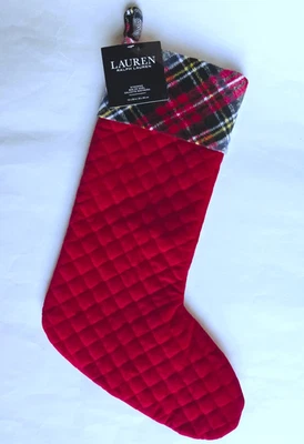 RALPH LAUREN Red Diamond Quilted CHRISTMAS STOCKING Tartan Plaid Cuff - Image 1 of 3