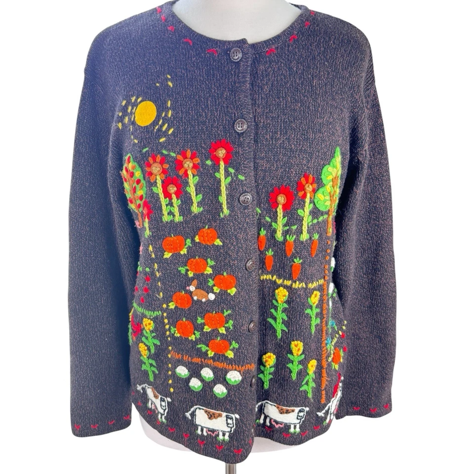 Cárdigan de Colección Susan Bristol Grande Bordado Otoño Cosecha Luna Parche Calabaza Foto 1 de 4