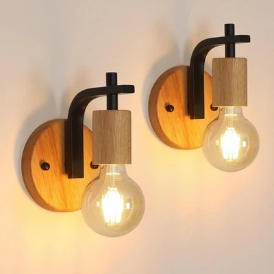 2X Wandleuchten Vintage Holz Metall Industrielle Wandlampe E27 Flur Wohnzimmer - Bild 1 von 4
