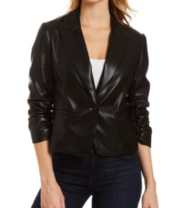 Chaqueta Blazer DREW Suzie Negra Vegana Imitación Cuero Manga Crujiente Nueva con Etiquetas L - Imagen 1 de 9