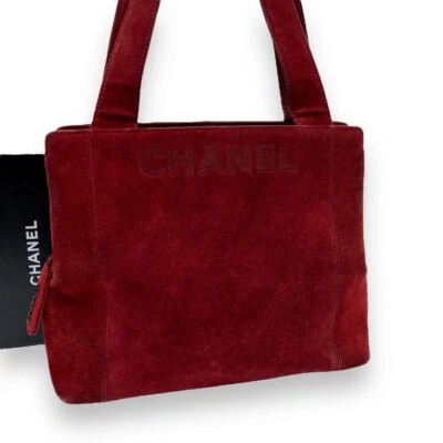 Bolso de Mano CHANEL Cuero Gamuza Bordado Logo Rojo Auténtico Usado JP Foto 1 de 4
