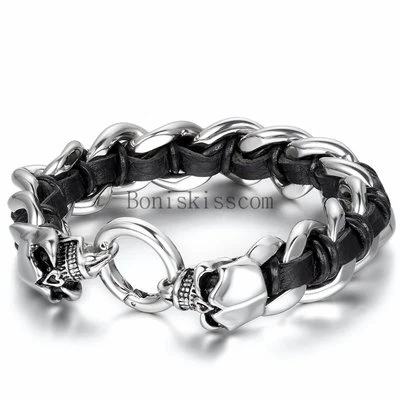 Pulsera para hombre con cadena cubana bordillo de acero inoxidable trenzado de cuero calavera gótica Foto 1 de 4