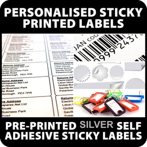 SILVER WATERPROOF PLASTIC/VINYL STICKERS PERSONALISED LABELS PRINTED BLACK TEXT - Picture 1 of 2