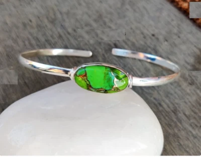 Brazalete de piedra turquesa verde hecho a mano de plata de ley 925 ropa de fiesta Si76 Foto 1 de 4