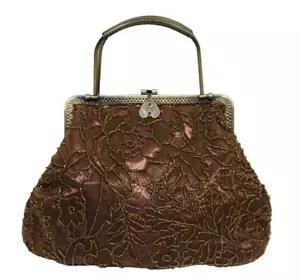 Vtg Bag Beautiful Bronze Beaded Design on Dk Brn Satin, Antiqued Gold Tone Metal - Picture 1 of 12