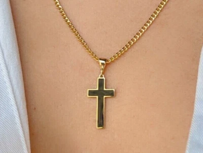 Colgante Religioso 1.5 Pulgadas Negro Esmalte Cruz Dije Dos Caras Oro 14K Unisex Foto 1 de 4