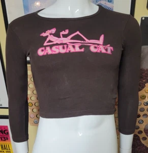 VTG Y2K Girls Jrs Medium Pink Panther Casual Cat Long Sleeve Crop Top Shirt - Picture 1 of 5