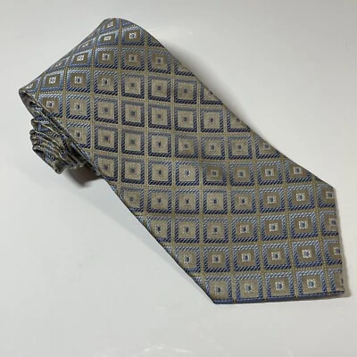 Corbata larga geométrica azul y tostada 100 % seda hecha a mano Platinum Designs para hombre Foto 1 de 4