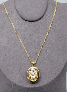 14kgp Crystal Double Locket Pendant Necklace Floral Vase Design Gold Plated 18" - Picture 1 of 12