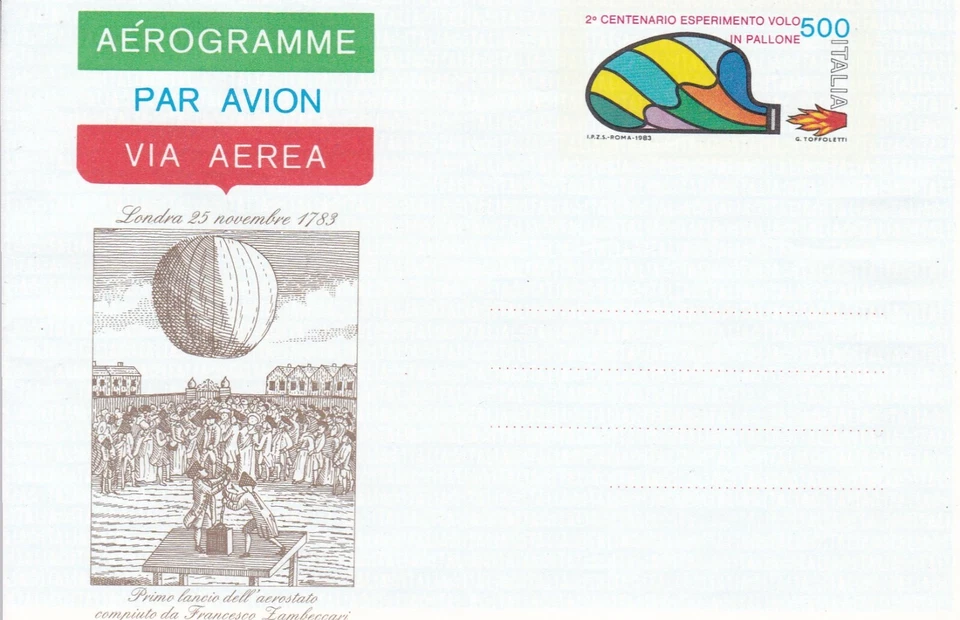 ITALIA - 1983 - Aerograma 200 años primer vuelo en globo aerostático - sin usar Foto 1 de 2