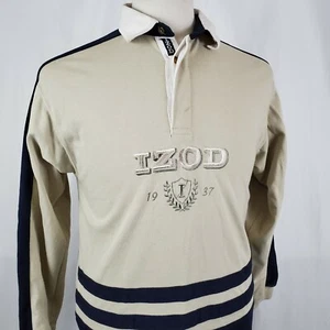 Izod Polo Rugby Shirt Youth Large 14/16 Long Sleeve Tan Blue Embroidered Logo - Picture 1 of 11