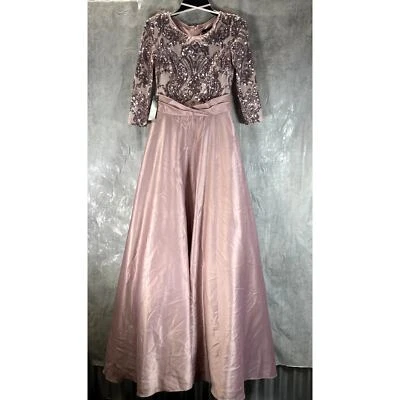 BETSY & ADAM Women's Pink Sequin Embellished Mesh 3/4 Sleeve Satin Gown SZ 4 - Image 1 of 4
