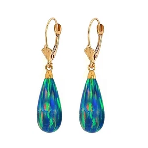 14K Yellow Gold Teardrop Blue Green Fire Opal Lever back Dangle Earrings - Picture 1 of 1