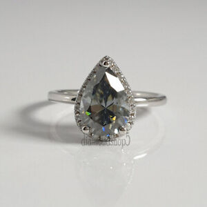 2.20 Ct Pear Cut Gray Moissanite Halo Engagement Ring 925 Sterling Silver VVS1
