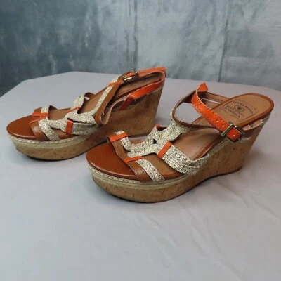 Sandalias de cuña LUCKY BRAND Keena para mujer 8,5 marrón naranja piel de serpiente zapatos con correa en T Foto 1 de 4