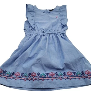 Nautica Girls SZ 5 Chambray Ruffle Embroidered Sundress Sleeveless Blue - Picture 1 of 11