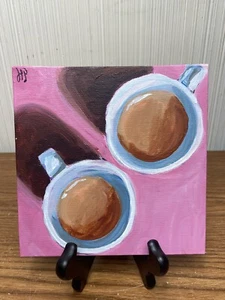 Mugs of Coffee Pink Background Hand Painted Modern Art 6x6 Canvas Marblehead MA - Picture 1 of 3