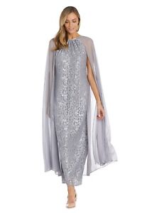 R&M Richards Women's Long Laced Cape Gown in Silver Sz 8