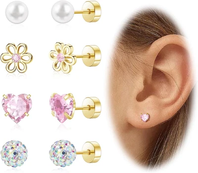 Hypoallergenic Earrings for Girls Toddler Surgical Steel Screw Gold Cute Mixed - Image 1 of 4