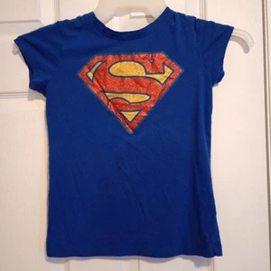 DC Comics Supergirl Blue Jersey T-Shirt Girls Size M 7/8 Cap Sleeves Glitter EUC - Picture 1 of 10