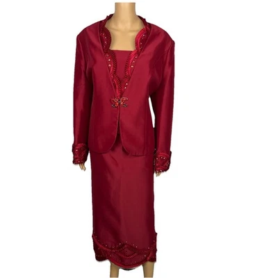 TERRAMINA Skirt Suit Size 16 Wine Collarless Beaded Embellished Timeless 2PC - Image 1 of 4
