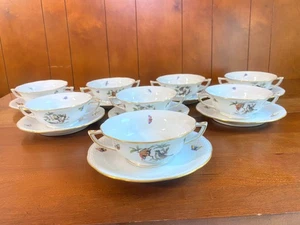 Herend Hungary "Rothschild Birds" Footed Cream Soup Bowl & Saucer Set of 8,MINT - Picture 1 of 6