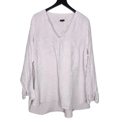 Talbots Plus Size Linen Shirt Coastal Beach Beige Popover Shirt V Neck 2X - Image 1 of 4