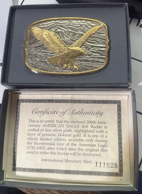 Hebilla de cinturón American Eagle 200 aniversario plateada en capas oro 24kt Foto 1 de 4