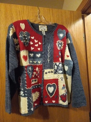 Suéter de mujer Heirloom Collectibles azul talla L corazones bordados flores Foto 1 de 4