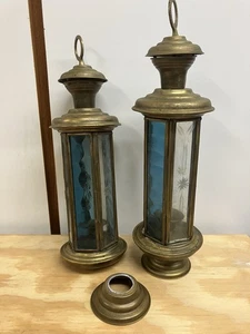 VINTAGE Brass & Etched Glass Panes Blue Hexagon Candle Holder 14” TALL Lanterns - Picture 1 of 7
