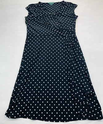 Vestido Lauren Ralph Lauren Imitación Envoltura Midi Negro Lunares Talla 16 Carrera Foto 1 de 4