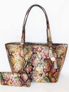 BRAHMIN Stylish RATTLESNAKE Med ASHER METALLIC Purple, Aqua, Brown TOTE & WALLET - Picture 1 of 11