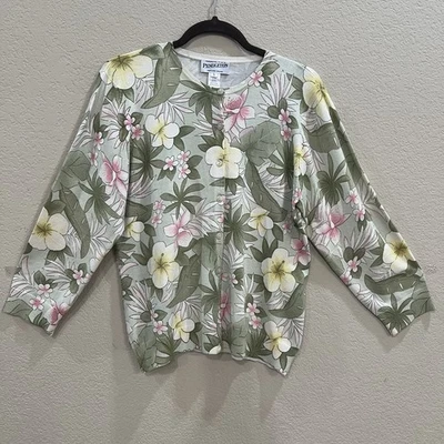 Pendleton Silk Cardigan Sweater Sz L Floral Cream Green Pink Boho Country Casual - Image 1 of 4