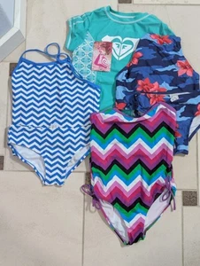 Girls Size 10 Swimwear Lot 3 Sets Plus Rash Guard, Kanu, Roxy, 2 New, 1 EUC - Picture 1 of 10