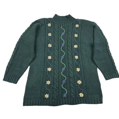 Knitted by Hand Women's Medium Cable Knit Sweater Floral Green Grandmacore VTG - Image 1 of 4