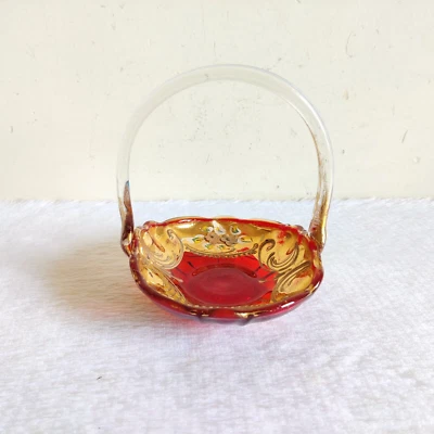 1930s Vintage Français Rouge Verre Panier Argent Doré Revêtement Décoratif G1130 - Photo 1/4