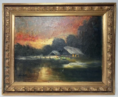 Винтажная оригинальная картина маслом — импрессионистский тональный ноктюрнский пейзаж — подписанная - Изображение 1 из 4