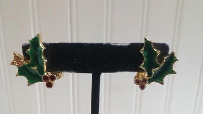Green & Red Enameled Textured GT Metal Holly Leaf & Berry Clip-On Earrings - Image 1 of 3