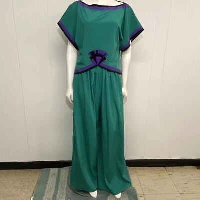 Винтажный Bill Tice комплект женщин Топ 6 брюки 8 зеленый поли атласный бисером широкие ноги 80-х - Изображение 1 из 4