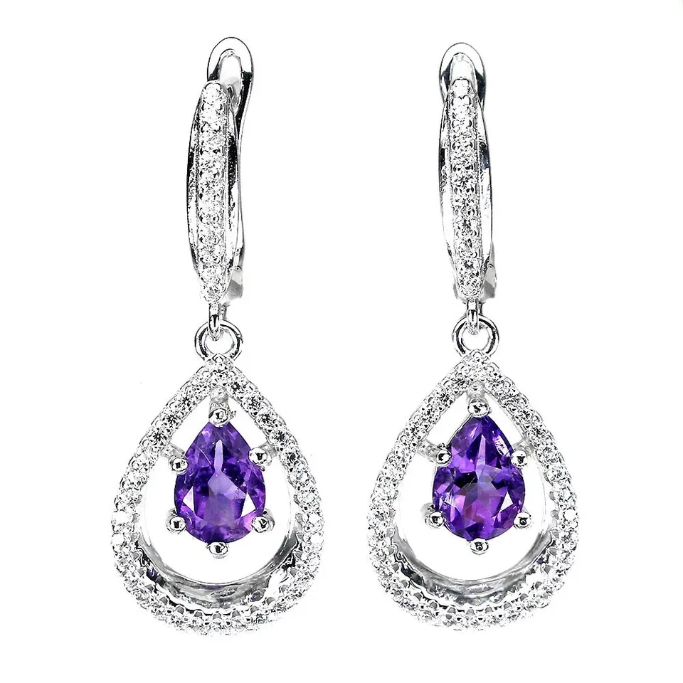 4.5Ct Pear Simulated Purple Amethyst Drop Dangle Earrings 14K Yellow Gold Plated - Image 1 of 4