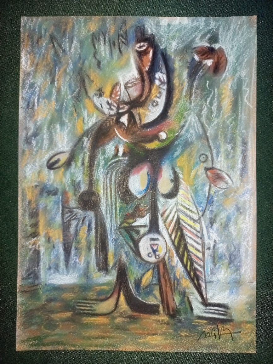 WIFREDO LAM (HANDMADE) DRAWING ON OLD PAPER,MIXED MEDIA ARTWORK