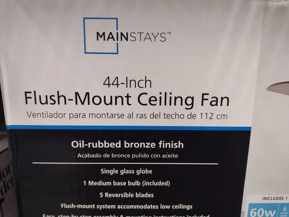 MAINSTAYS 44" HUGGER INDOOR CEILING FAN W/ SINGLE LIGHT, BRONZE *DISTRESSED PKG - Image 1 of 3