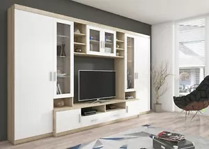 TOP Wohnwand Paris Anbauwand Wohnkombi Wohnzimmer MDF Weiss + Sonoma Eiche matt - Bild 1 von 4