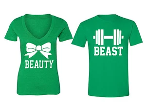 Matching Couples Shirts Beauty Beast Gym Couple Vneck + Crewneck  T-shirt S-6X - Picture 1 of 1
