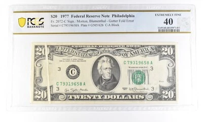 1977 $20 PA FRN Fr#2072-C Gutter Fold Error Extremely Fine 40 PCGS *5473 - Image 1 of 3