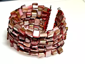 Vintage Bracelet Abalone Paua Shell Pink Silver Metal Open Expandable Cuff - Picture 1 of 9